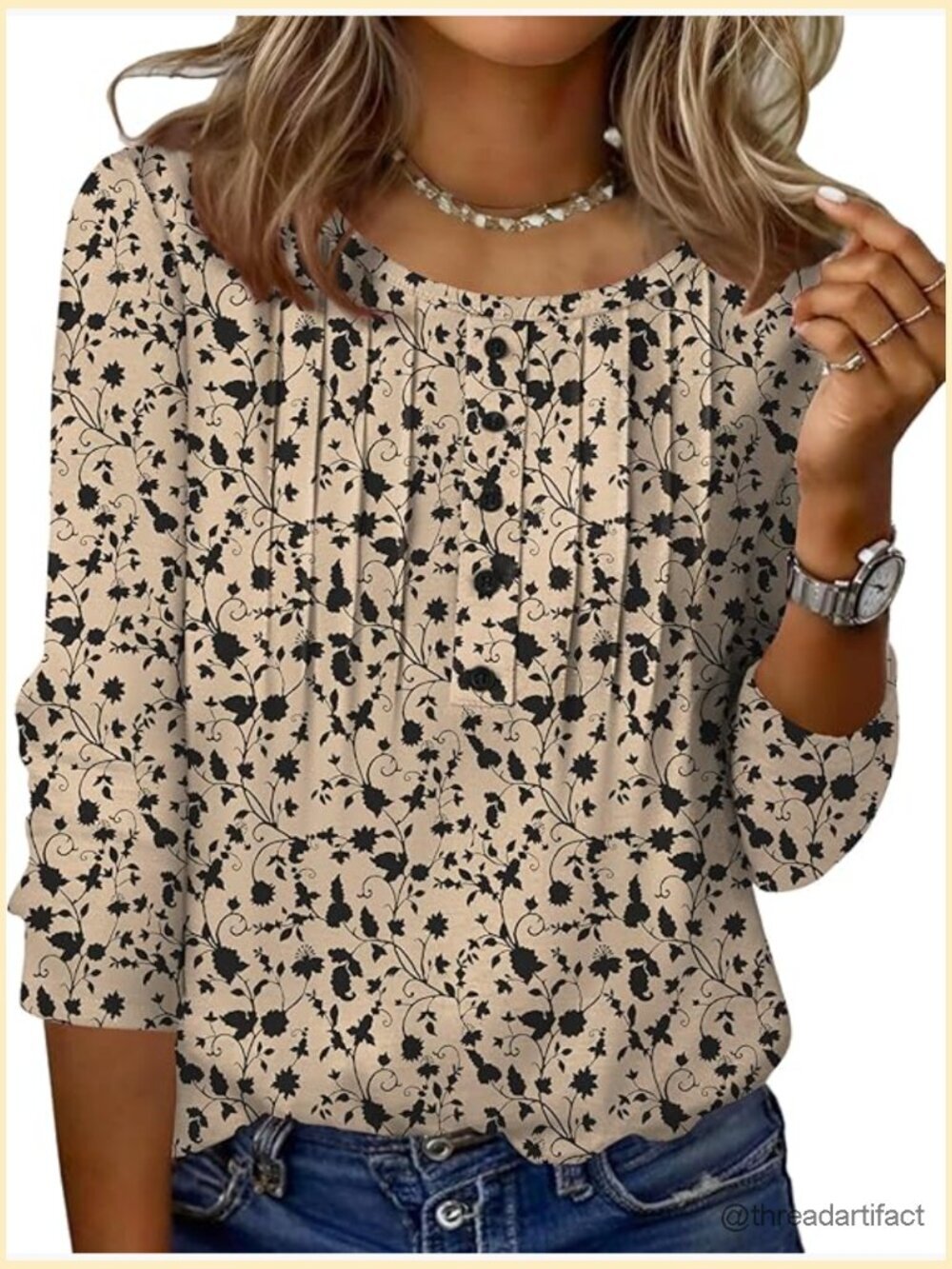 3/4 Sleeve Tunic Tops Round Neck Pleated Blouses Casual Tees